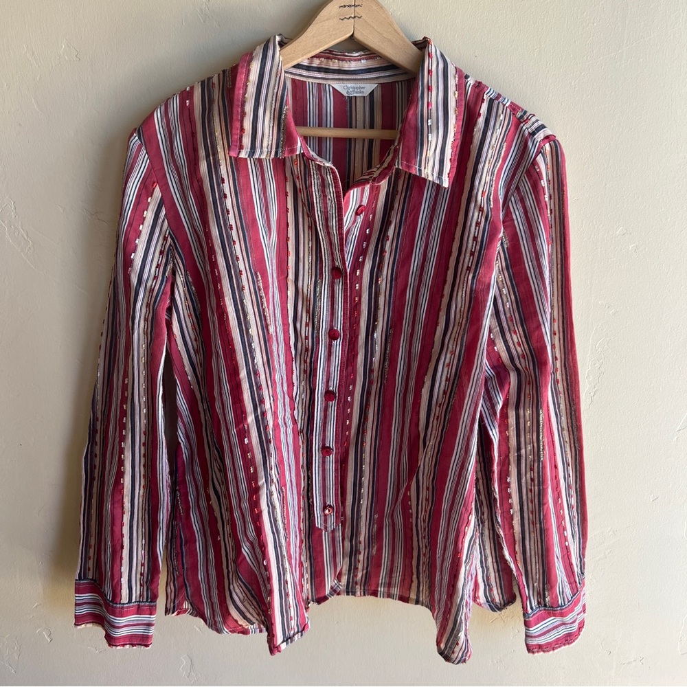 Red and White Vertical Stripe Button-Up Shirt - Picture 2 of 3